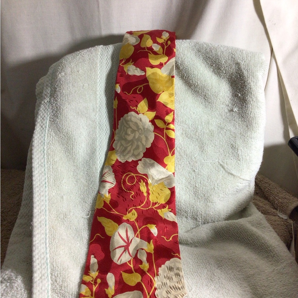 Red Floral Men's Tie with Yellow and Cream Accents